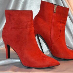 IdIfu Red Faux Suede Stiletto Bootie with Inside Zip closure